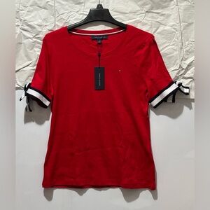 Tommy Hilfiger Women's Large (20.5"PtP) Red Tie Sleeve Top with Ribbon Trim NWT